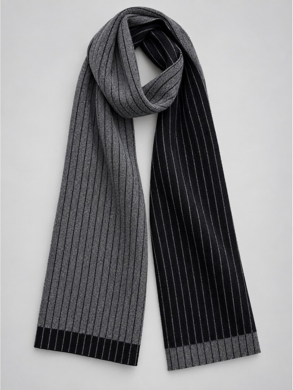 V. Fraas Men's Reversible Gray Black Pinstripe 100% Wool Scarf 66x10